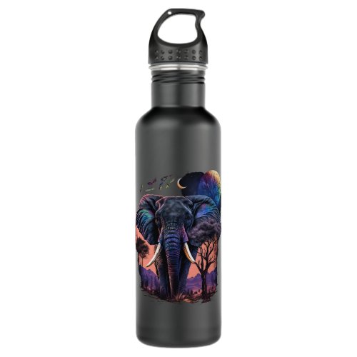 Colorful Realistic Elephant in Wilderness on Moon  Stainless Steel Water Bottle