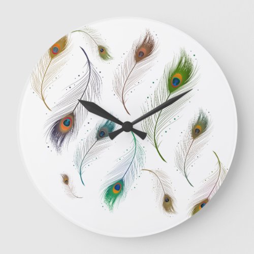 Colorful Realistic Peacock Bird Feathers Large Clock