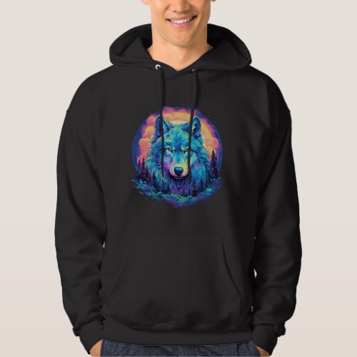 Colorful Realistic Wolf in Wilderness Nature on Mo Hoodie