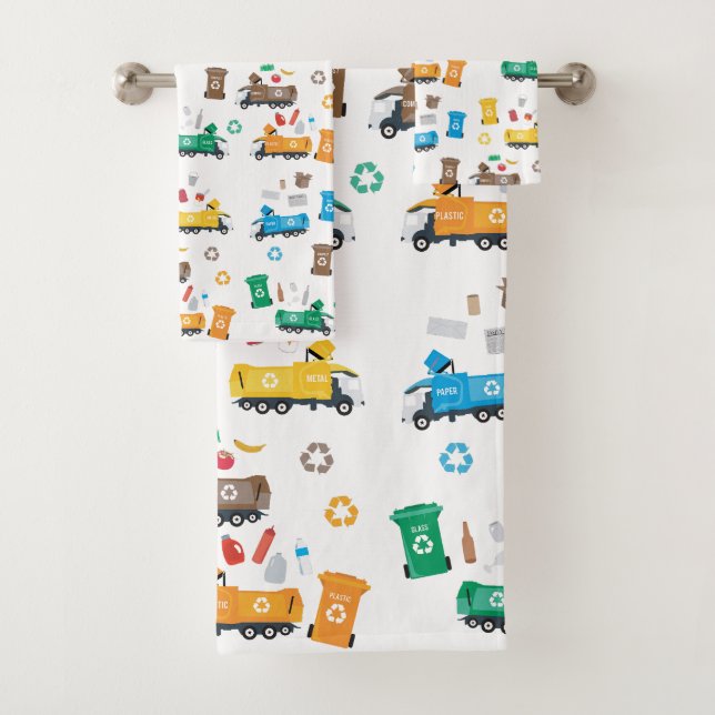Colorful Recycling Garbage Trucks & Bins Bath Towel Set (Insitu)