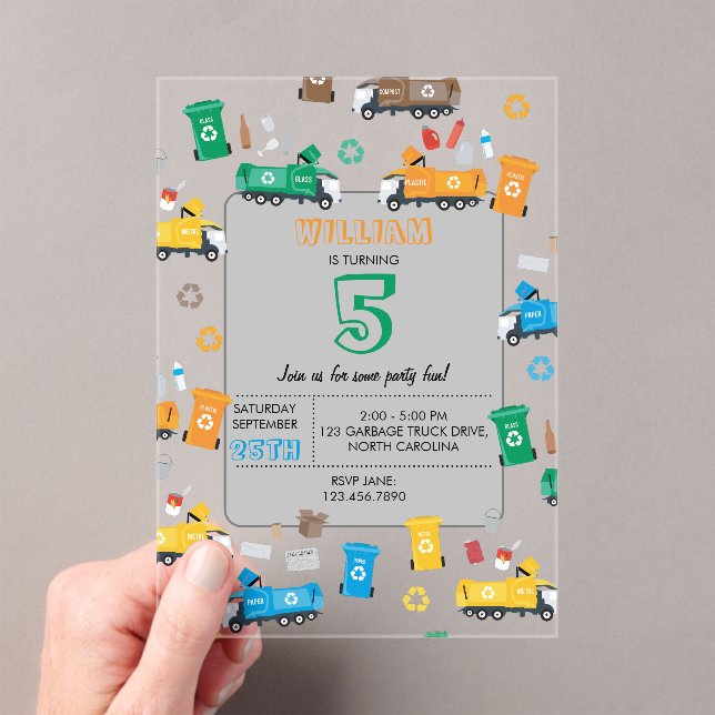 Colorful Recycling Garbage Trucks & Bins Birthday Acrylic Invitations (Insitu (Handheld))