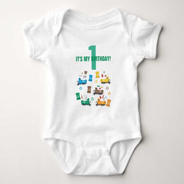 Colorful Recycling Garbage Trucks & Bins Birthday  Baby Bodysuit (Front)