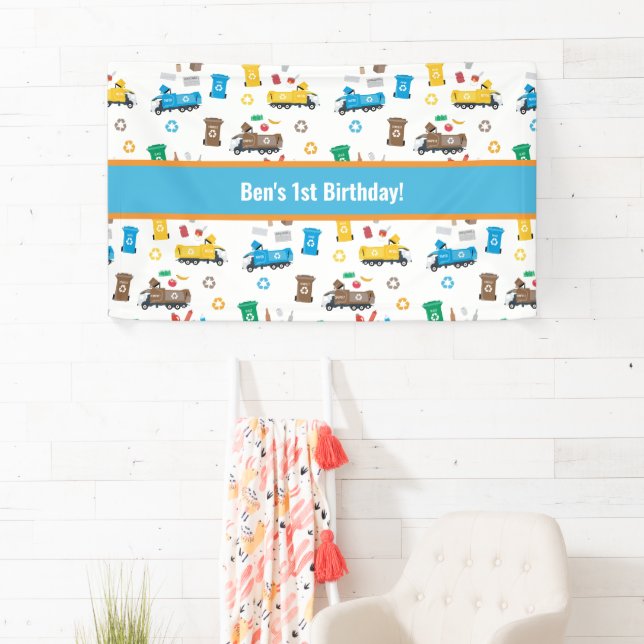 Colorful Recycling Garbage Trucks & Bins Birthday Banner (Insitu)