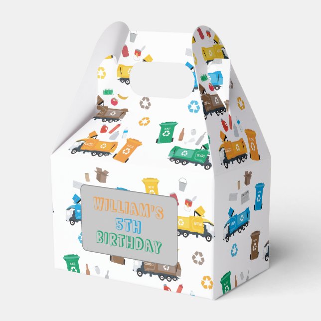 Colorful Recycling Garbage Trucks & Bins Birthday Favor Boxes (Front Side)