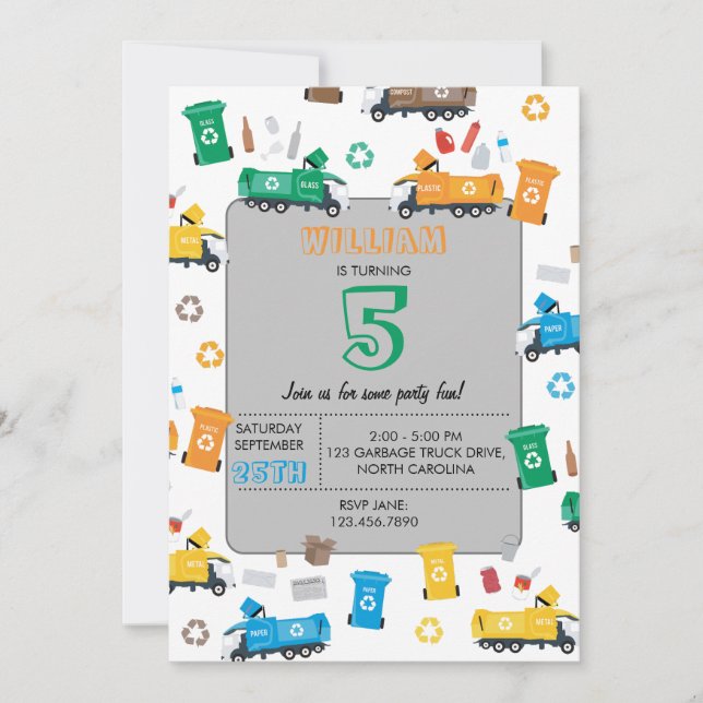 Colorful Recycling Garbage Trucks & Bins Birthday Invitation (Front)