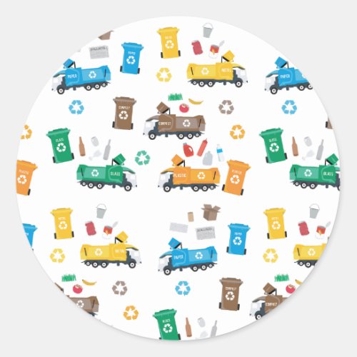 Colorful Recycling Garbage Trucks  Bins Classic Round Sticker