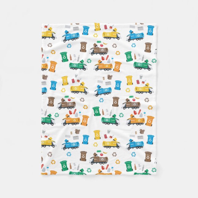 Colorful Recycling Garbage Trucks & Bins Fleece Blanket (Front)