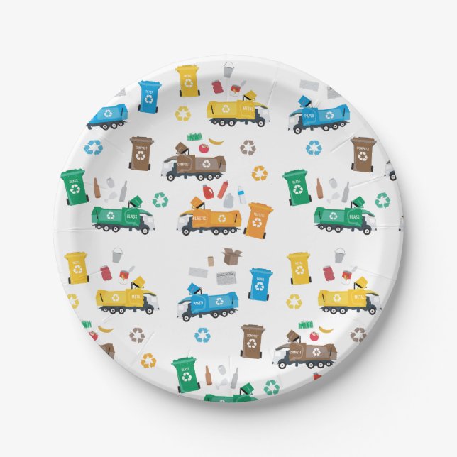 Colorful Recycling Garbage Trucks & Bins   Paper Plates (Front)
