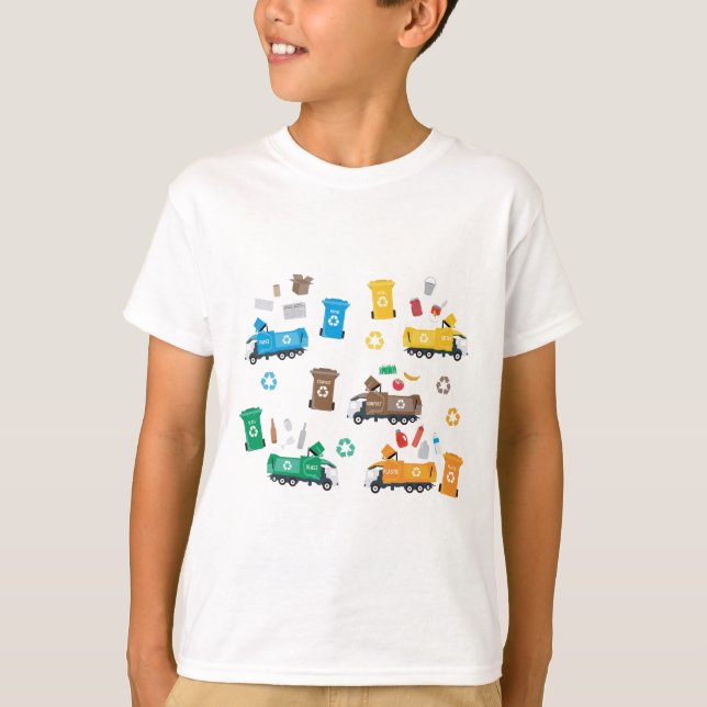 Colorful Recycling Garbage Trucks & Bins T-Shirt (Front)