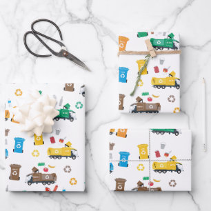 Colorful Recycling Garbage Trucks & Bins Wrapping Paper Sheets
