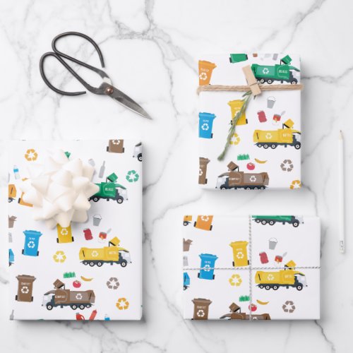 Colorful Recycling Garbage Trucks  Bins Wrapping Paper Sheets