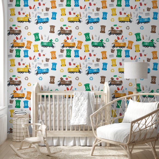 Colorful Recycling Garbage Trucks Nursery Kids Wallpaper (Kids)