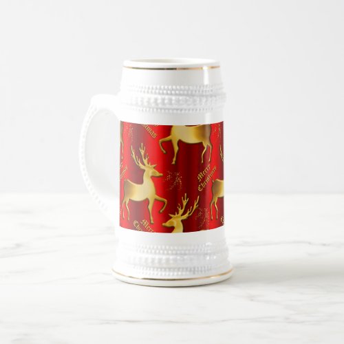 Colorful Red and Gold Reindeer Christmas Beer Stein