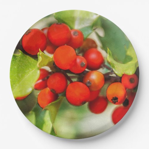 Colorful Red and Green Christmas Holly Watercolor Paper Plates