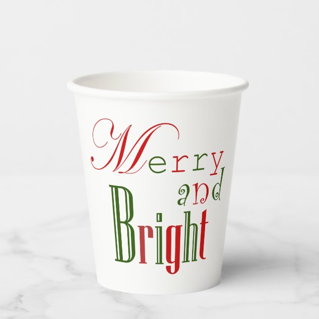 Colorful Red and Green Merry and Bright Paper Cups (Front)