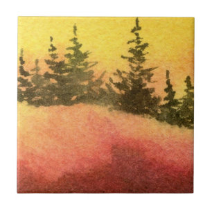 Colorful Red and Yellow Dawn Pine Tree Tile