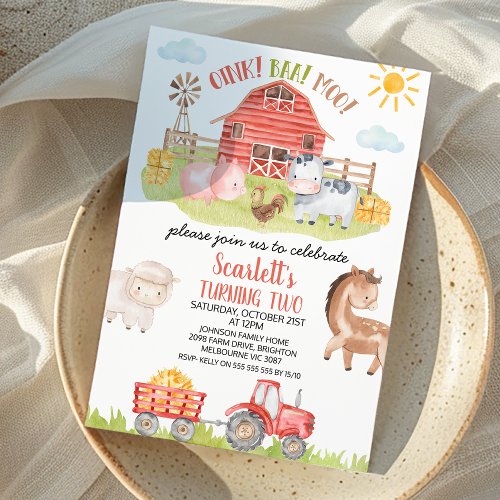 Colorful Red Barn Farm Animals Birthday Invitation