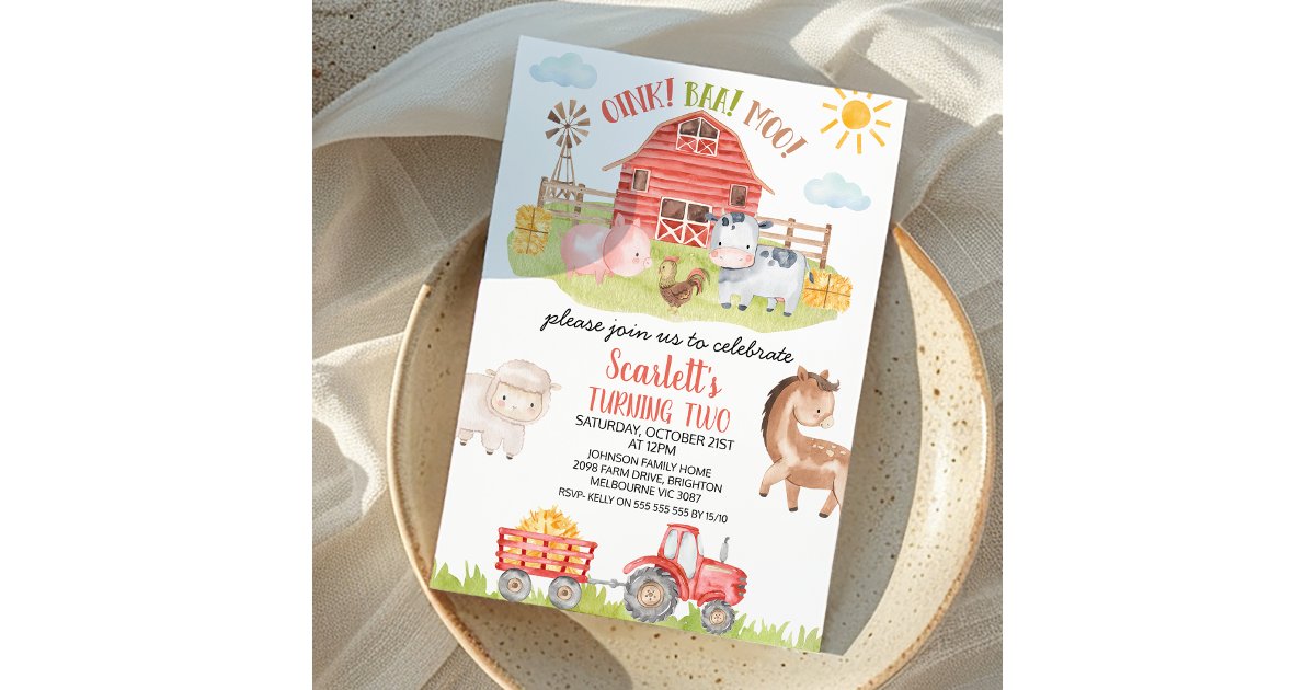 Colorful Red Barn Farm Animals Birthday Invitation | Zazzle