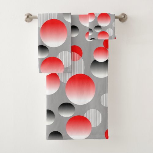 COLORFUL RED BLACK GREY GEOMETRIC ABSTRACT PATTERN BATH TOWEL SET