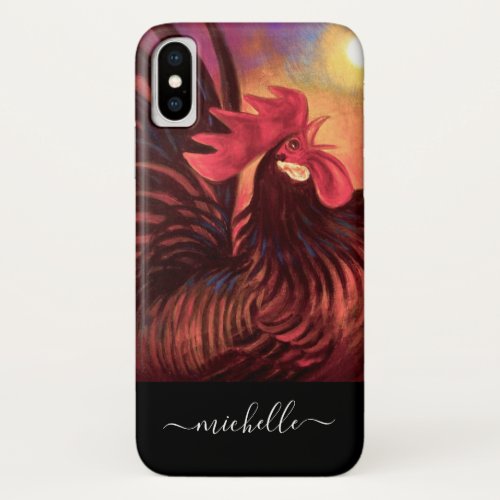 Colorful Red Black Rooster Chicken Name Script iPhone X Case