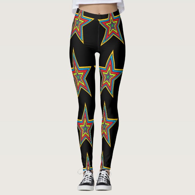 Colorful Red, Blue, Black Star Abstract Leggings (Front)