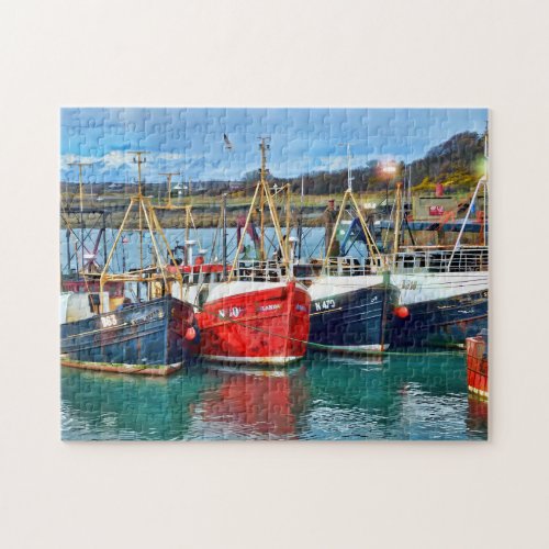 Colorful Red Blue Docked Boats Beach Landscape Jigsaw Puzzle