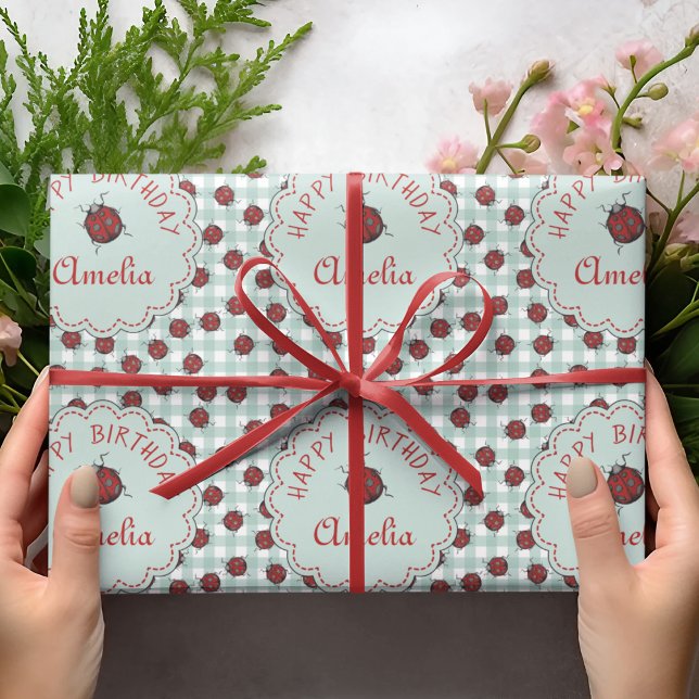 Colorful Red & Blue Ladybug Insects Kids Birthday Wrapping Paper (Colorful Ladybugs Custom Gift Wrap. Editable Text. Hand-Drawn Ladybug Beetles on Turquoise Gingham.)