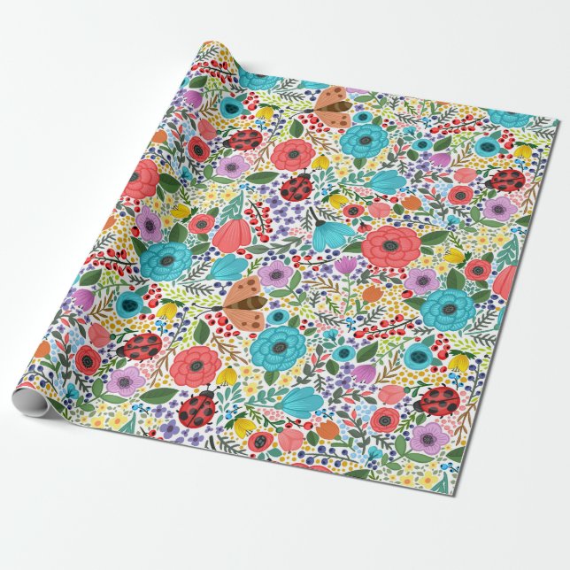 Colorful Red Blue Wild Flowers and Ladybugs Wrapping Paper (Unrolled)