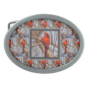 Colorful Red Cardinal Bird in Winter Belt Buckle