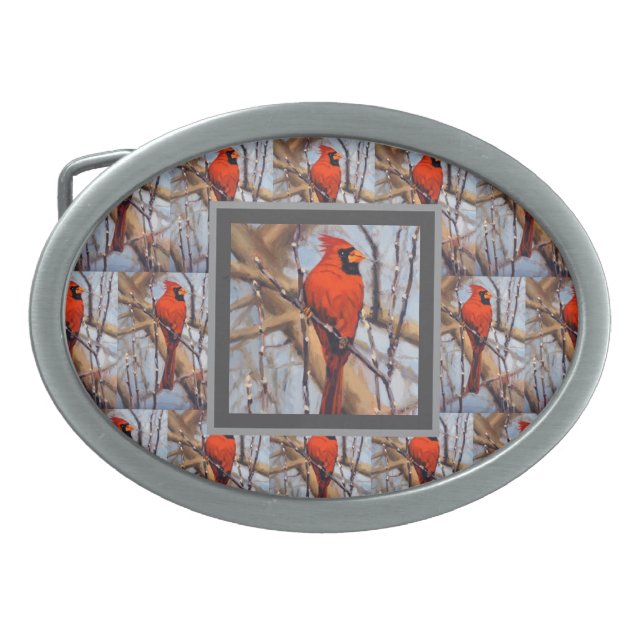 Colorful Red Cardinal Bird in Winter Belt Buckle (Front)
