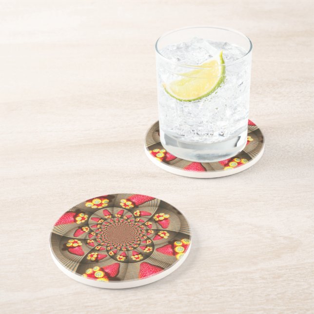 Colorful Red Delight: Strawberry Kaleidoscope Art Drink Coaster (Side)