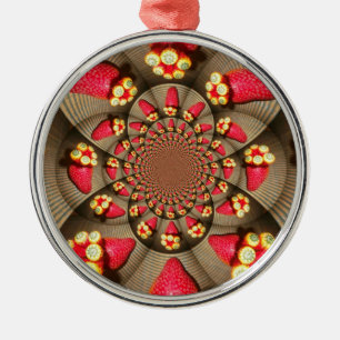 Colorful Red Delight: Strawberry Kaleidoscope Art Metal Ornament