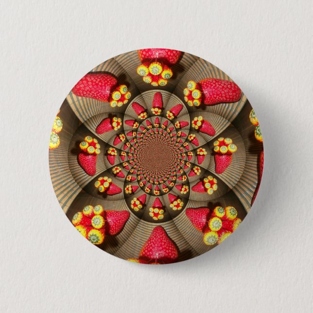 Colorful Red Delight: Strawberry Kaleidoscope Art Pinback Button (Front)