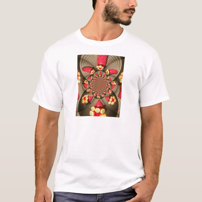 Colorful Red Delight: Strawberry Kaleidoscope Art T-Shirt (Front)