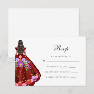 Colorful Red Fiesta Floral Calligraphy Quinceanera RSVP Card