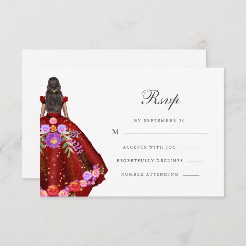 Colorful Red Fiesta Floral Calligraphy Quinceanera RSVP Card