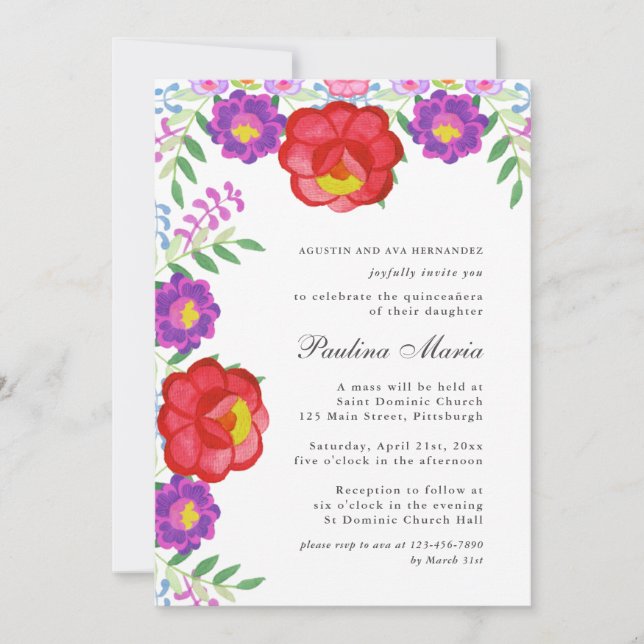 Colorful Red Fiesta Floral Quinceañera Photo Invitation (Front)