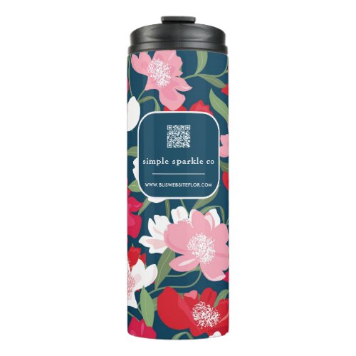 Colorful Red Floral Business QR Code Blue Thermal Tumbler