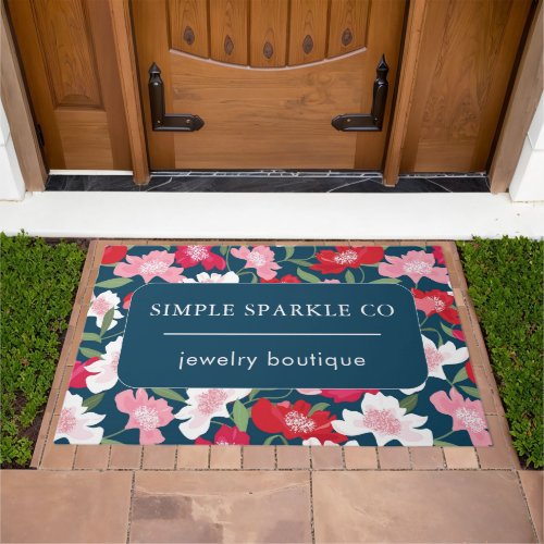 Colorful Red Floral Company Name Blue Business Doormat