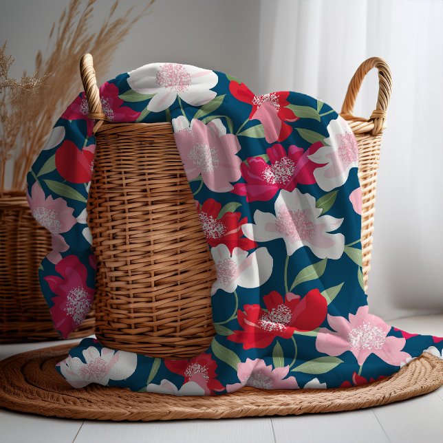 Colorful Red Floral Pattern Blue Fleece Blanket (Creator Uploaded)