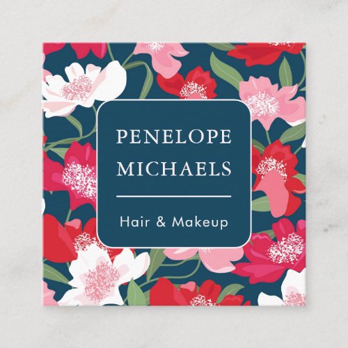 Colorful Red Floral Pattern Blue Square Business Card