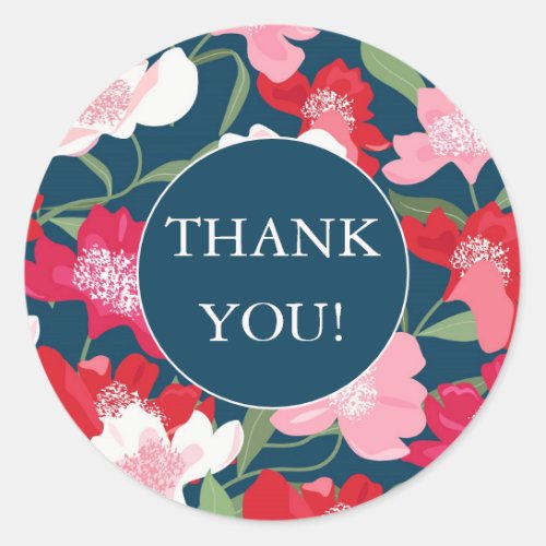Colorful Red Floral Pattern Blue Thank You Classic Round Sticker
