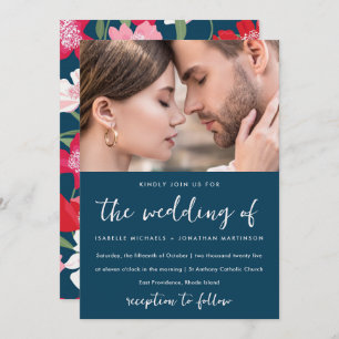 Colorful Red Floral Pattern Photo Wedding Blue Invitation