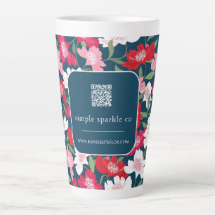 Colorful Red Floral Pattern QR Code Business Latte Mug
