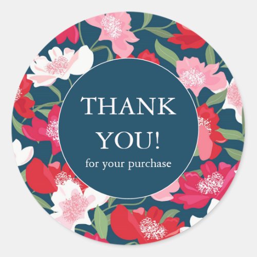 Colorful Red Floral Shop Business Thank You Blue Classic Round Sticker