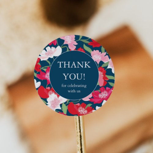Colorful Red Floral Wedding Thank You Blue Classic Round Sticker