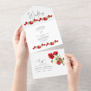 Colorful Red Floral Winter Wedding All In One Inv Invitation