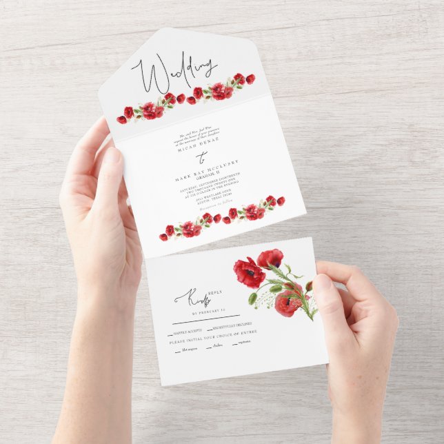 Colorful Red Floral Winter Wedding  All In One Inv Invitation (Tearaway)