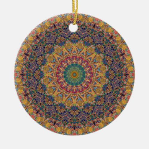 Colorful Red Gold and Blue Mandala Kaleidoscope Ceramic Ornament