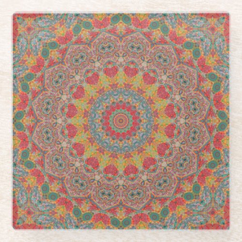 Colorful Red Gold and Blue Mandala Kaleidoscope Glass Coaster